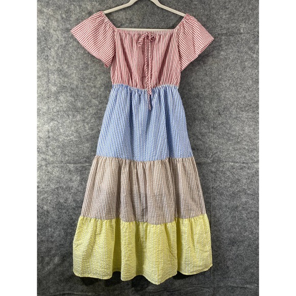 Urban Outfitters Midi Dress XS Colorblock Seersucker Striped Off Shoulder - Picture 2 of 13